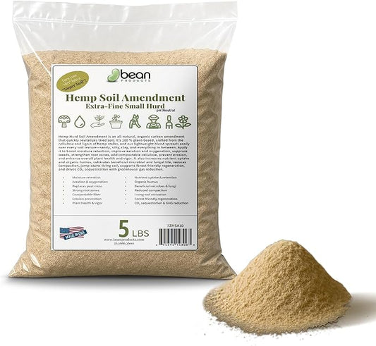 Hemp Soil Amendment - 5 lbs USA Grown All-Natural Fine Hemp HURD Power for Vibrant Gardens, Vegetables, Trees, Moisture Retention, Seed Starting, pH Neutral - Bean Products