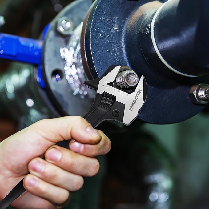 MAXPOWER 16-inch Adjustable Construction Spud Wrench, 4 in 1 Multifunctional Use for Spud Wrench, Adjustable Wrench and Hammer, Max Jaw Capacity Ups to 1.57"