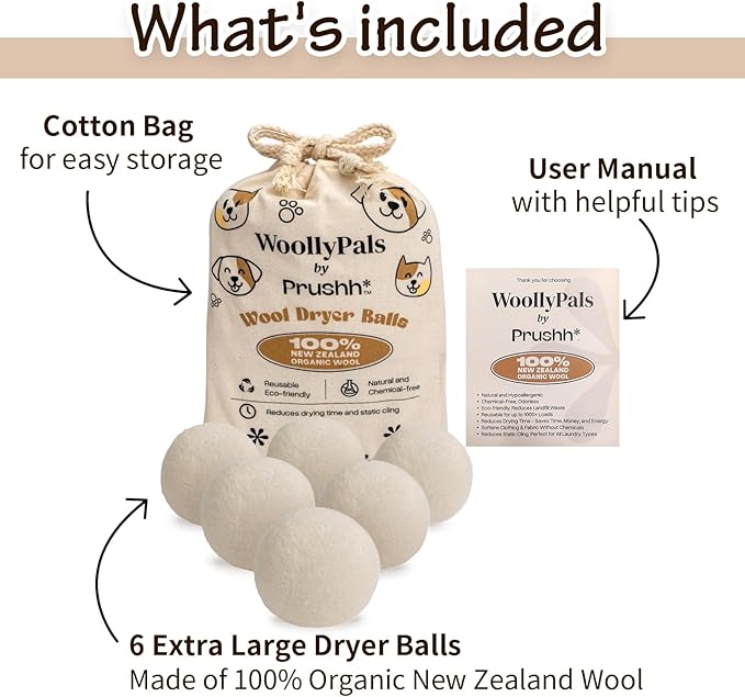 WoollyPals Dryer Balls (6-Pack, XL Size) - 100% New Zealand Wool - No More Dryer Sheets - Eco Dryer Balls - Reusable - Softens Laundry - Reduces Drying Time & Static - with Storage Bag (Plain White)
