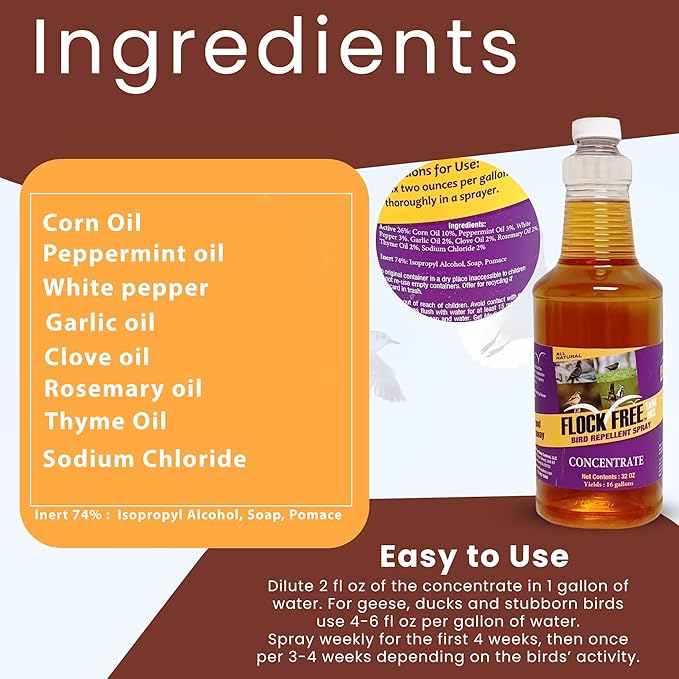 Bird Repellent Spray Concentrate, Residential Bird Problem Solution, 32 oz Concentrate, Makes up to 16 gallons