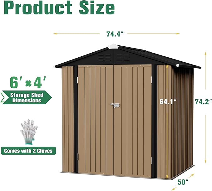 Flamaker 6x4 FT Storage Shed Waterproof Metal Garden Shed with Lockable Door Utility Tool Shed Outdoor Storage for Backyard, Patio and Lawn, Brown