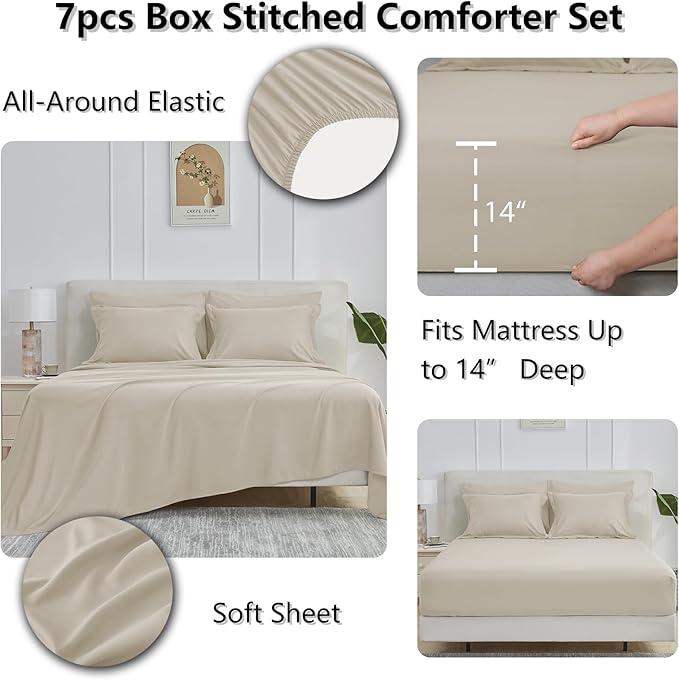 CozyLux King Size Comforter Set Oatmeal - 7 Pieces Bed in a Bag King, Okeo-Tex Certifited Bedding Set, All Season Soft Bed Set with Down Alternative Comforter, Sheets, Pillowcases & Pillow Shams