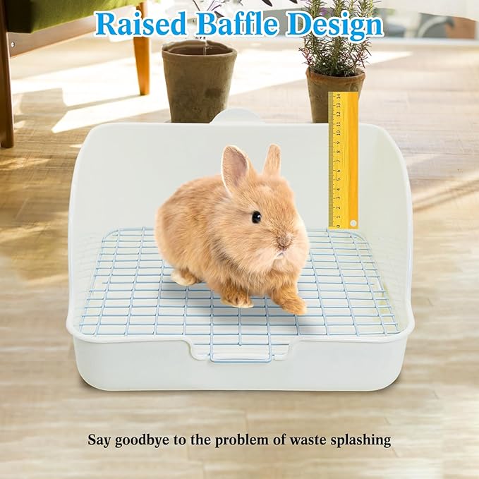 kathson Rabbit Litter Box with Grid-Small Animal Litter Pan for Cage with Automatic Water Bottle Broom- Corner Bunny Potty Training Toilet for Ferret Guinea Pig Hamster Hedgehog (White)