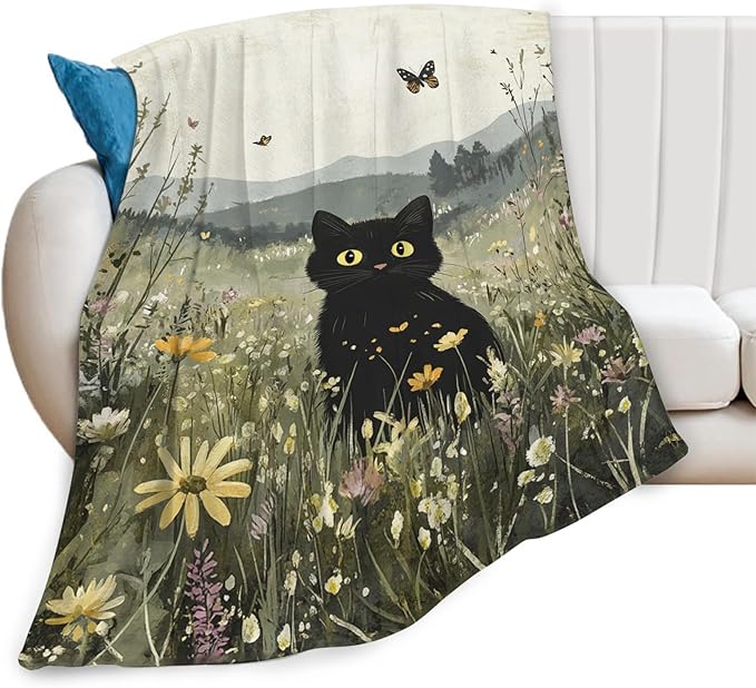 Black Cat Blanket Floral Wildflower Kitten Throw Blankets Gifts for Girls Boys Kids Cat Lover Soft Cozy Fleece Plush for Couch Sofa Bed 60"x50"