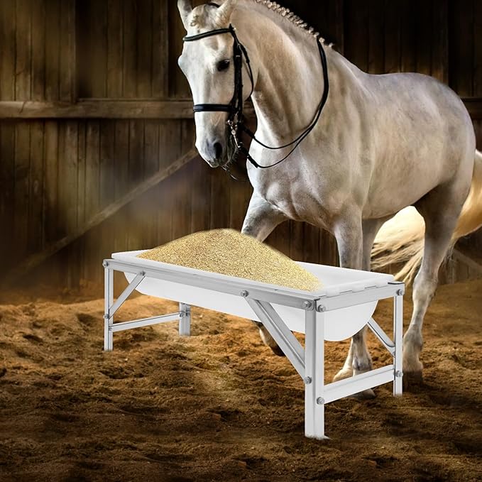 Livestock Feed Trough, 39 Inch Long Feeding Trough with Stand, 9.25 Gallon Capacity Heavy Duty Feeder, Feeding Tool for Goats Sheep Deer Pigs (White)