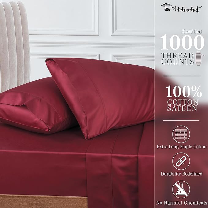 URBANHUT 1000 Thread Count California King Bed Sheets Egyptian Cotton Sheet Set, Long Staple Soft & Breathable, 4 Pc Bed Sheet Sets, Luxury Hotel Sateen Sheets Fits 16" Deep Pocket - Burgundy