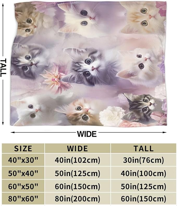 Kawaii Cat Blanket, Soft Plush Fleece Animal Throw Blanket - Cozy Warm Kittern Stuffed Blankets Bedding Cat Gifts for Lover Women Girls Kids Adults 60"X80"
