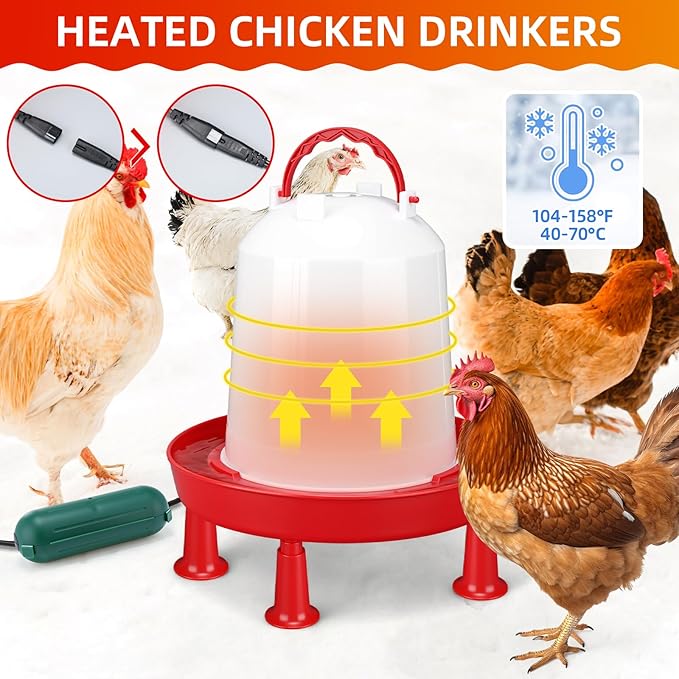 3 Pcs 6L Heated Chicken Waterer for Winter 1.6 Gallon Heated Poultry Waterer with Leg Support Chicken Water Heater for Winter with Outdoor Extension Cord Cover and Pipe Insulation Tape Wrap