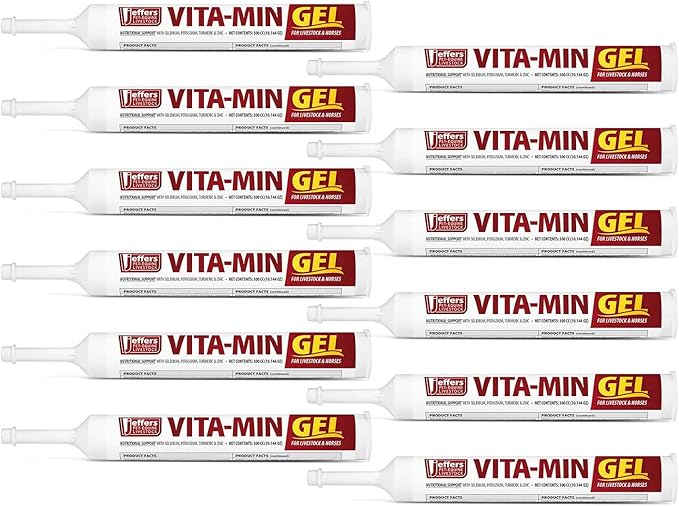 Jeffers Vita-Min Gel for Livestock & Horses – Multivitamin & Mineral Supplement with Selenium, Zinc, Potassium & Turmeric – Easy Oral Gel for Cattle, Goats, Sheep & Pig – 300 cc Tube - 12 Pack