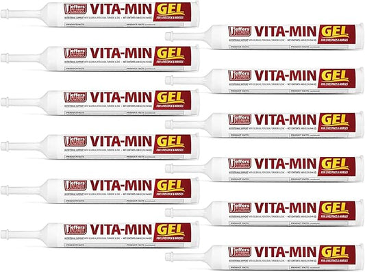 Jeffers Vita-Min Gel for Livestock & Horses – Multivitamin & Mineral Supplement with Selenium, Zinc, Potassium & Turmeric – Easy Oral Gel for Cattle, Goats, Sheep & Pig – 300 cc Tube - 12 Pack