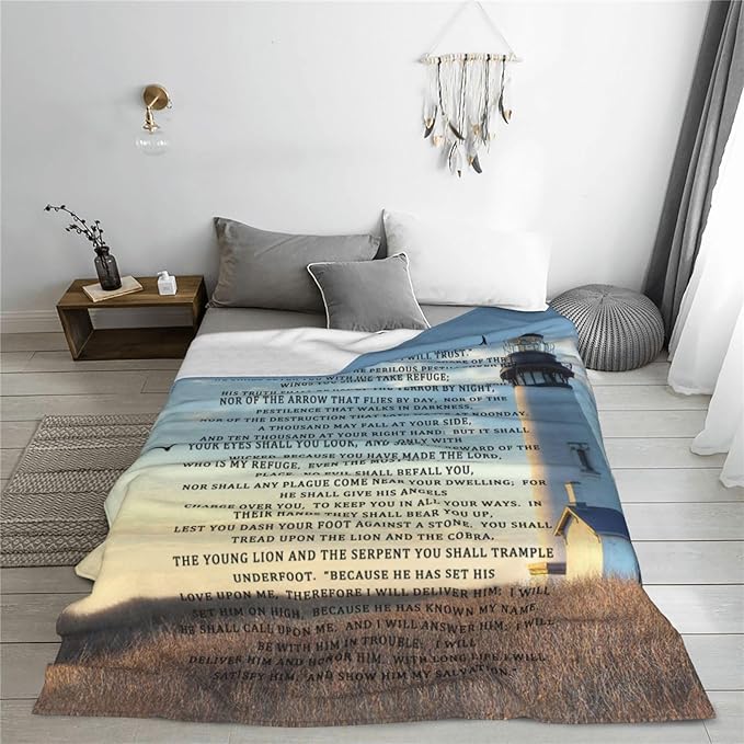 Psalm 91 Blanket Christian Lighthouse Gifts Religious Bible Verse Scripture Throw Blanket Comfy Plush Flannel Fleece Warm Soft Fluffy Fuzzy Blanket for Prayer Women Teens for Bed Sofa Couch 60"X80"