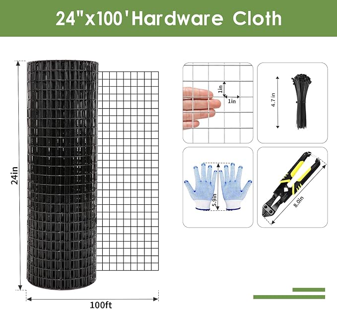 Tongmo 24" x 100' Black Hardware Cloth, 1inch Mesh Chicken Wire Fence, 19 Gauge Vinyl Coated Wire and Welded Wire Roll,Garden Fence, Poultry Netting for Rabbit/Duck/Chicken Coop
