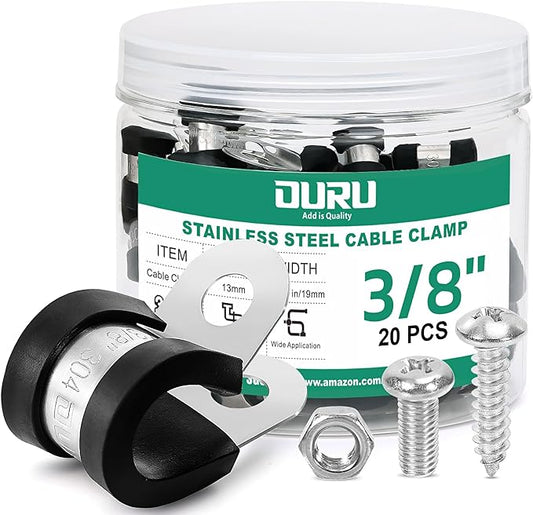 20PCS 3/8 Inch Cable Clamps with 45PCS Screws Assortment Kit 304 Stainless Steel Rubber Cushioned Insulated Cable Clamp, Automotive Wire Pipe Clamps(10mm)