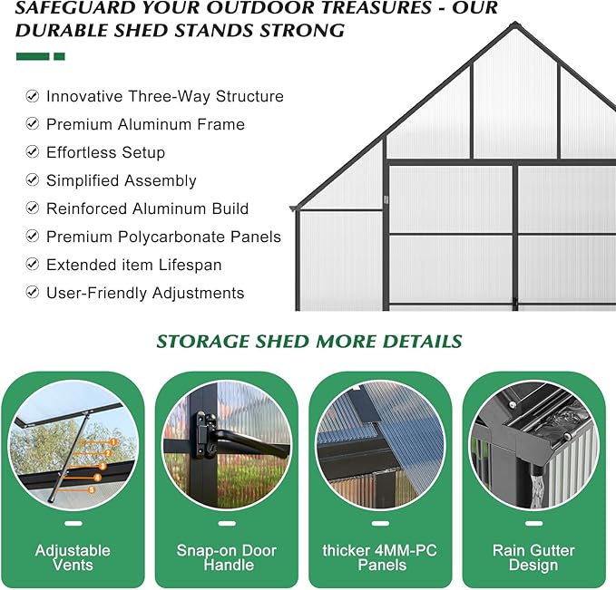 10'x10'x16' Snap-Together Greenhouse - Easy 3-Way Connectors, Heavy-Duty Aluminum Frame, Wind/Snow Resistant for Gardening/Urban Farming, Includes Sliding Door & Ventilation Windows