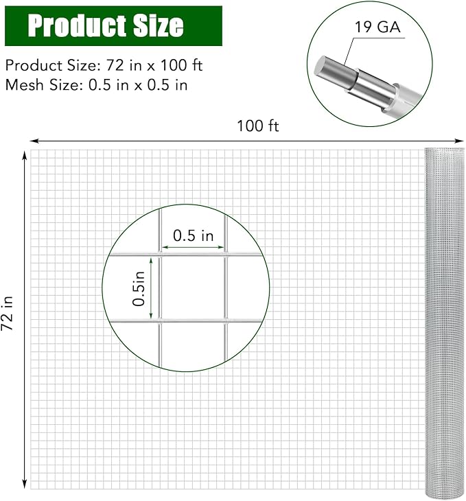19 Gauge 1/2 Inch Hardware Cloth 72In x 100Ft – Galvanized Welded Chicken Wire Fence | Silver Mesh Roll for Garden Farm Yard Animal Plant Protection, Poultry Netting Cage Fencing