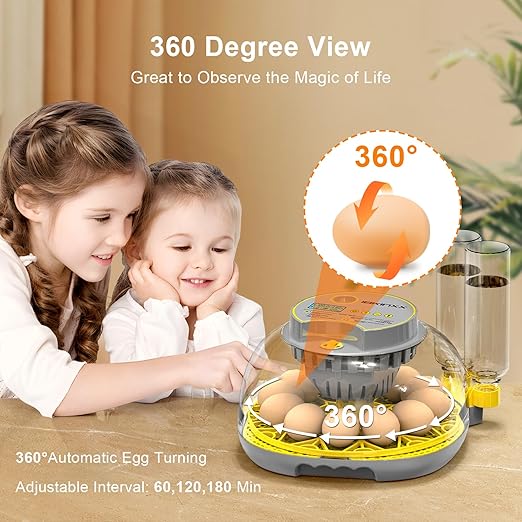 Incubator for Hatching Eggs-12 Egg Capacity, Automatic Egg Turner, Temperature & Humidity Control, 360° Viewing for Chicken, Duck and Quail Eggs