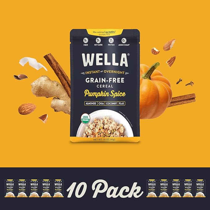 Wella Cereal Oatmeal Alternative, Gluten-Free Breakfast Hot Cereal, Grain-Free Paleo Organic Vegan High Protein Superfood, Plant-Based Non-GMO, Low in Net Carbs, Single-Serve Packets, Pumpkin Spice Flavor (10 Count, 1.6 oz. Packets)