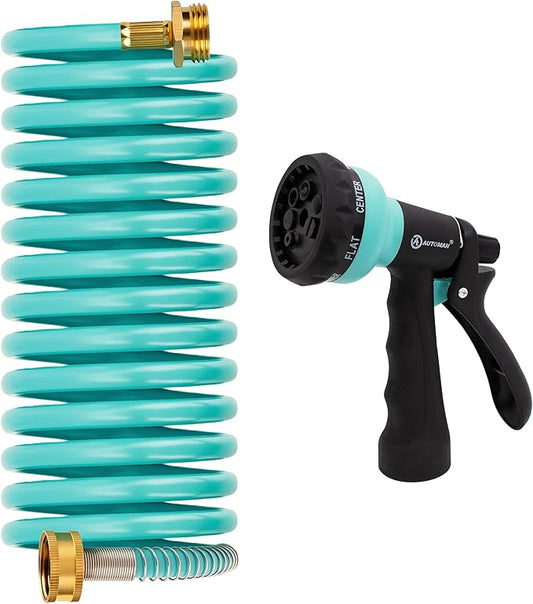AUTOMAN Recoil Garden Water Hose 15 ft, EVA Curly Water Hose with Brass Connectors,Garden Hose Coil,Includes 7-Pattern Function Sprayer,Retractable,Corrosion Resistant Garden Coil Hose.