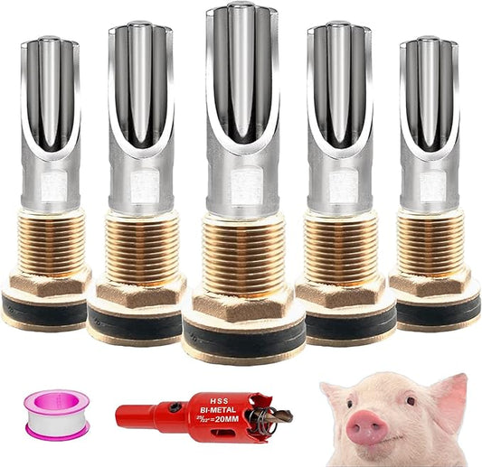 5PCS 1/2 NPT Pig Waterer Nipple Kit Stainless Steel Pig Waterer Nipples, Set of 5 with Installation Tool and Seals