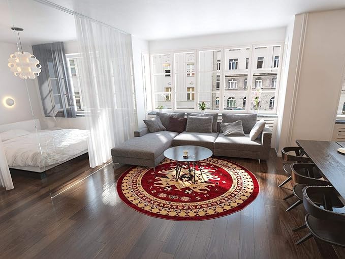 Unique Loom Taftan Collection Border Geometric Tribal Inspired Design Area Rug (8' 0 x 8' 0 Round, Red/ Gold)