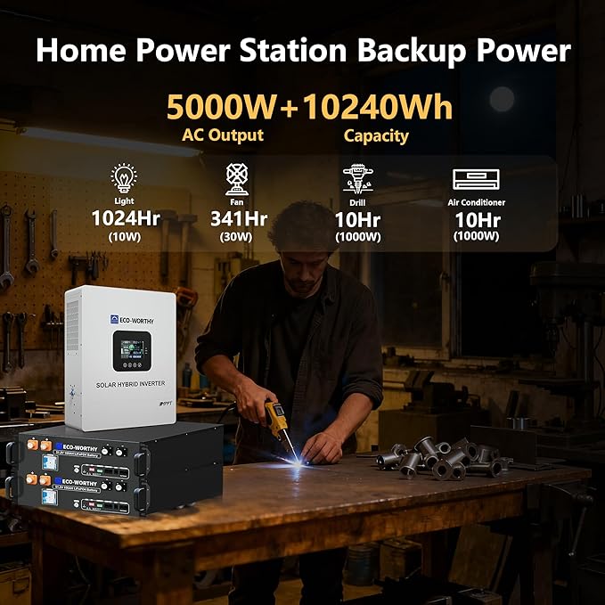 ECO-WORTHY Home Power Station Backup Power,10240Wh LiFePO4 Battery Support Communication、Bluetooth and WiFi,AC 5000W Inverter, 2Hr/5Hr Fast Charge,for Home Backup,Emergency,Solar System Components