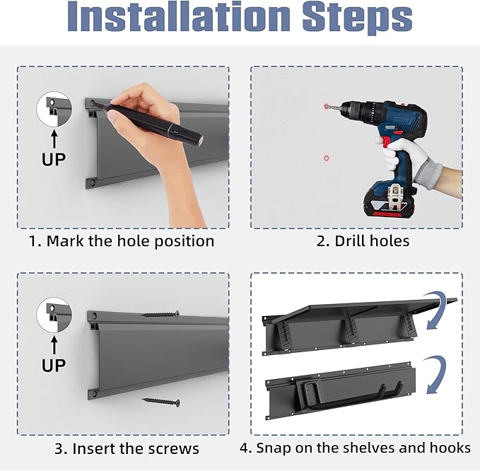 WALMANN Wall Mounted Garden Tool Rack with Shelves for Garage, Heavy Duty Folding Chair Hangers, 11-Inch Tool Storage Hooks for Shovels, Rakes, Ladders