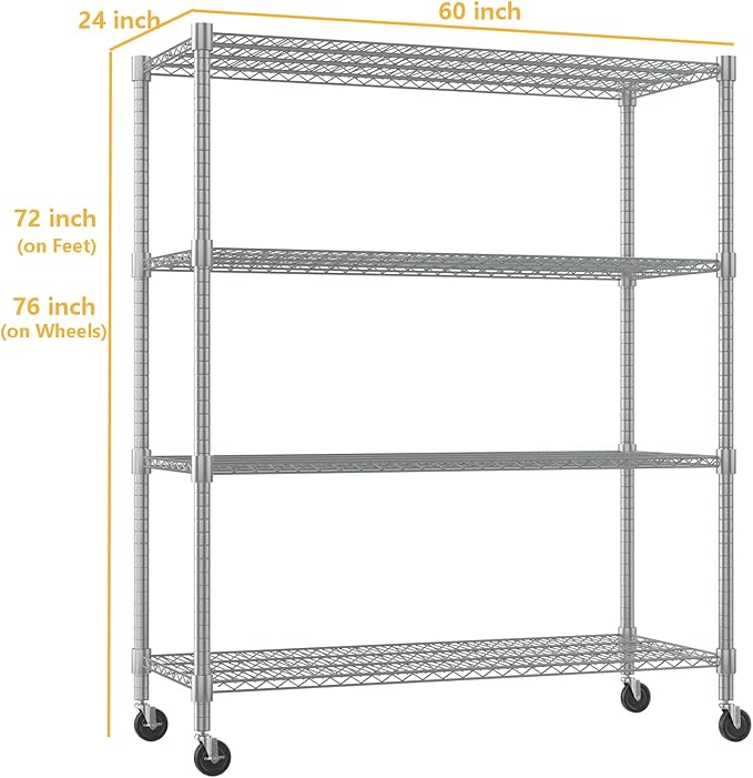 Himimi Storage Shelves 60"W Wire Shelving with Wheels 2600LBS Heavy Duty Metal Shelves for Storage, 4-Tier Adjustable Wire Rack Shelving Garage Shelving Kitchen Storage Shelves 24"Dx60"Wx72"H, Silver