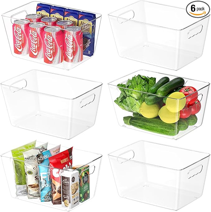 BALEINE Clear Plastic Storage Bins, Pantry Organization, BPA Free Stackable Refrigerator Organizers and Storage with Handles for Kitchen Fridge Cabinet Bathroom (6PK, 11x7.5x6)