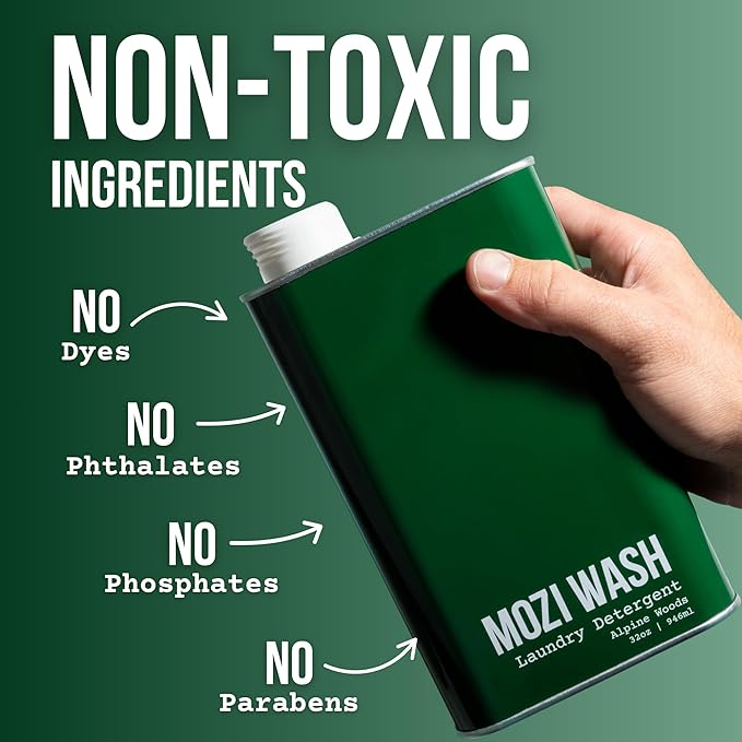 Mozi Wash Laundry Detergent Liquid, Alpine Woods- Sandalwood, Pine & Patchouli, 50+ Loads, Concentrated, Non toxic, Plant Based Enzyme Cleaners, Long Lasting Luxury Clean, Cologne Soap for Men, 32 oz