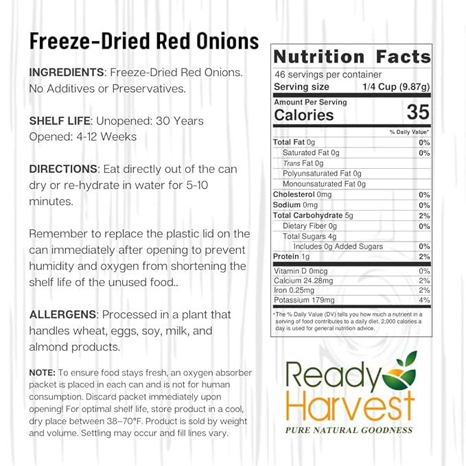 Ready Harvest Freeze Dried Food - Red Onions | Emergency Canned Vegetables | #10 Can | 25-Year Shelf Life | Cans Filled to the Top