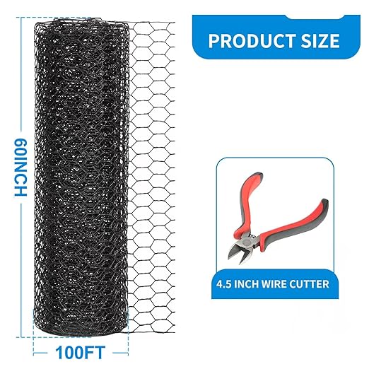 1/2 Inch Black Wire Mesh Roll - 60'' x 100' Chicken Wire Fence, 21 Gauge Hardware Cloth Poultry Netting for Garden/Animal Barrier/Rabbit/Floral/Chicken Coop/DIY Projects