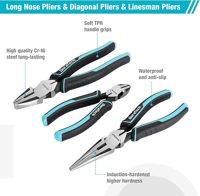 DURATECH 7-Piece Pliers Set with Rolling Pouch, Premium Cr-Ni Construction (10", 8" Groove Joint Pliers, 8", 6" Long Needle Nose, 8" Linesman, 6" Slip Joint, 6" Diagonal) for Basic Repair