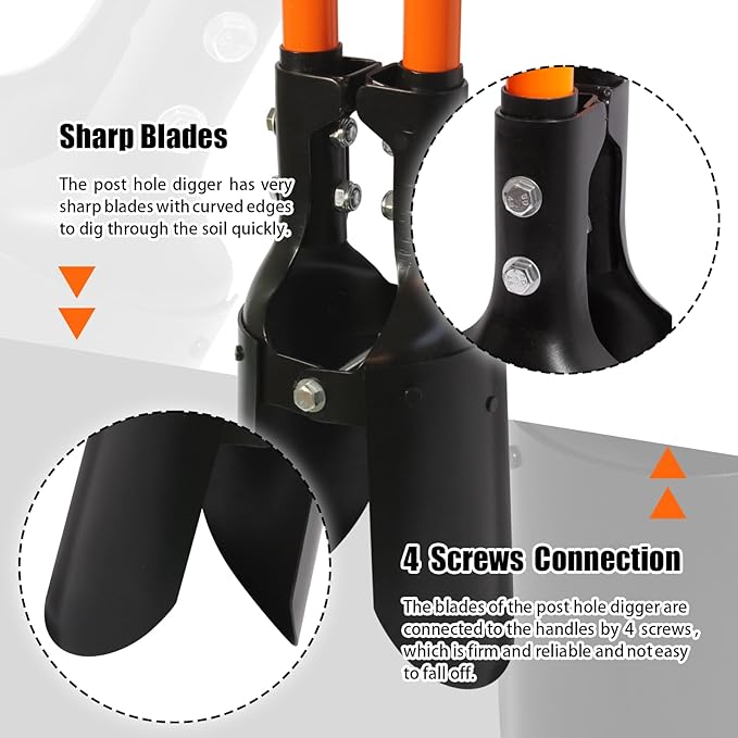 Post Hole Digger, Heavy Duty with Fiberglass Handle, Carbon Steel Blades, 58 Inches, Orange & Black