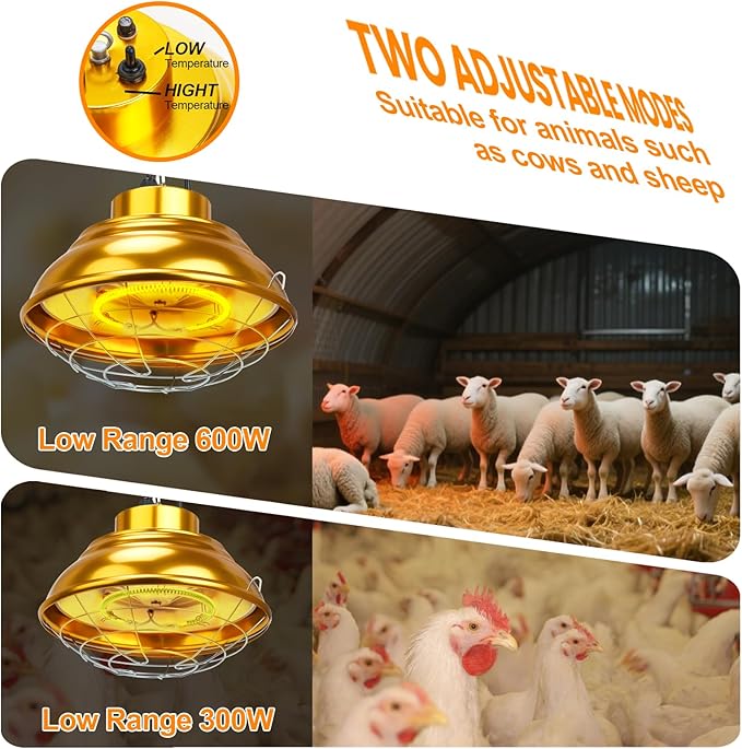 Heat Lamp for Chicken Coop WithFuse, 600 Watts Carbon Fiber Chicken coop Heater, Adjust 2 Mode Temp&Hanging Height, Waterproof For indoor &Outdoor Used,Suitable for Amphibians,chick,Duck,Pets