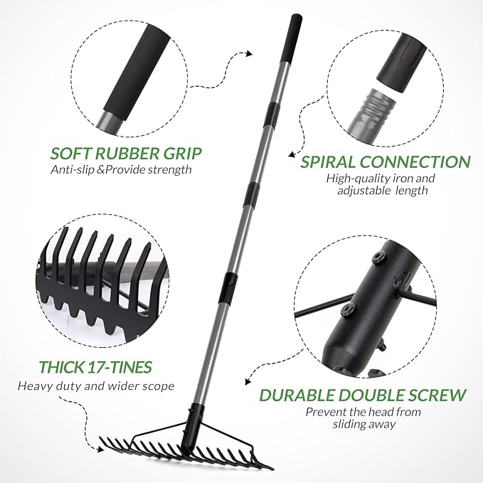 Walensee 5.4FT Bow Rake Heavy Duty Garden Rake with Stainless Steel Handle, 17 Steel Tines Garden Tool for Loosening Soil Gathering Leaf Leveling Lawn Farming Land Management Yarn Thatch Rakes