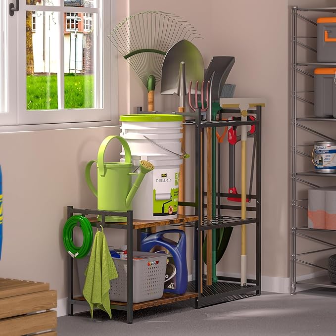 Garage Tool Organizer with 2-tier Wooden Shelves, Yard Tool Organizer for Garage with 6 Hooks, Heavy duty Steel Garden Tool Rack Holds up to 35 Long Handled Yard tools for Storage, Black