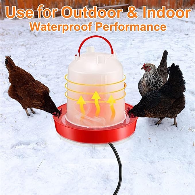 Heated Chicken Waterer for Winter 6L/1.5Gallon, Thermostatically Controlled Heated Poultry Waterer, Red Plastic Water Dispenser with Heater for Chicks Ducks Livestock