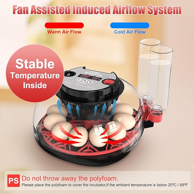 12 Egg Incubator with Temperature Control, Humidity Display, Automatic Egg Turner and Candler, Automatic Water Bottle Refill, for Hatching Chickens/Ducks/Gooses/Quail