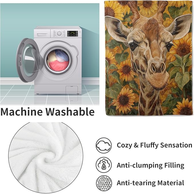 Giraffe Blanket, 60"x80" Sunflower Giraffe Fleece Throw for Kids & Adults, Ultra-Soft and Warm Home Decor Blanket, Giraffe Gifts