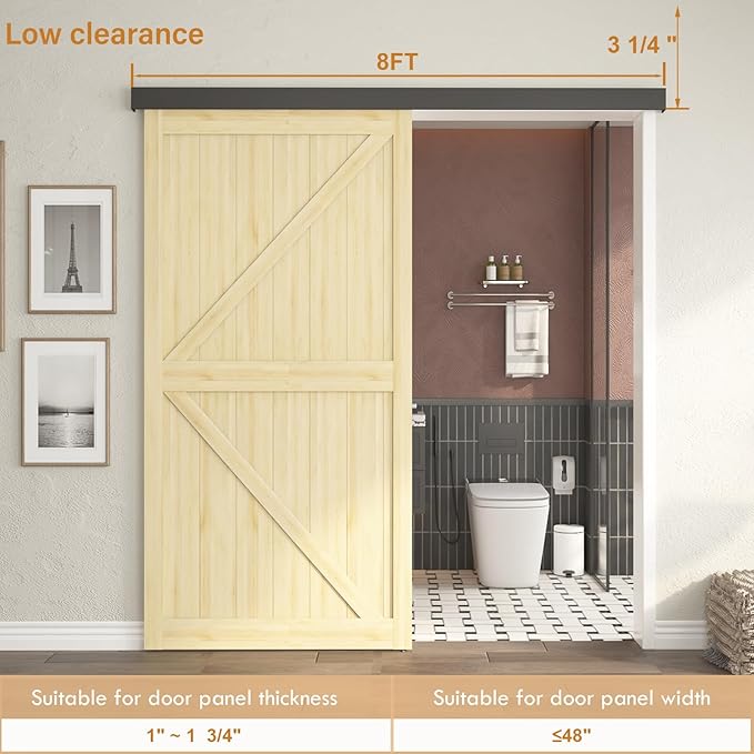 8FT Sliding Barn Door Hardware, Low Clearance Aluminium Alloy Box Rail Hardware for Wooden Barn Door, Interior Barn Door Track, Easy to Install, Black