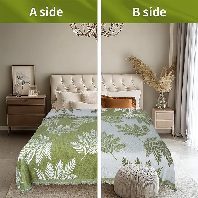 MACEVIA Boho Throw Blanket for Bed, Green Leaf Printed Blanket, Leaf Woven Boho Blankets and Throws with Tassel for Couch Sofa, All Season Cottagecore Decor Boho Blanket (Green Leaf 50"×70")