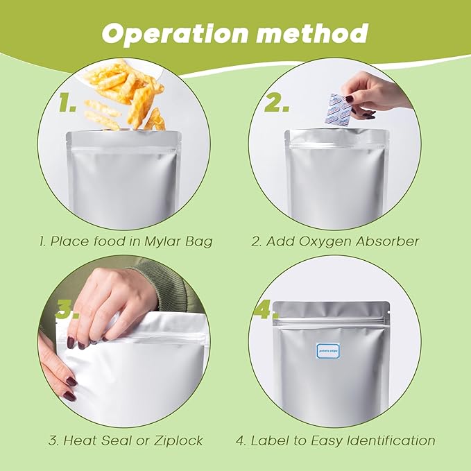 60pcs 1 Quart Mylar Bags for Food Storage with Oxygen Absorbers 400cc and Labels, Extra Thick 10 Mil - 7x10 Inch Zipper Pouches Resealable for Long Term Food Container Sets - Heat Sealable