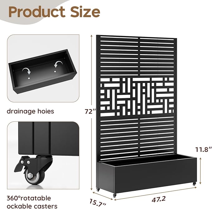 Metal Planter with Trellis& Wheels 72" x 47"x 15.7" Raised Garden Bed with Trellis,Privacy Planters for Patio,Garden Bed for Climbing Plants,Suitable for Climbing Plants and Vegetables,Black