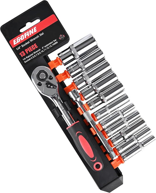 Egofine 13PCS 1/4" Drive Deep Socket Set,Metric(4-14MM),6-Point, Cr-V Steel