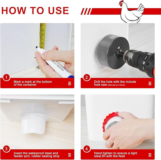 Chicken Feeder Port Kit –8 Pack Automatic Poultry Feeder Cups for Buckets & Bins, No Waste Rainproof DIY Chicken Feeders for Hens, Ducks & Other Poultry