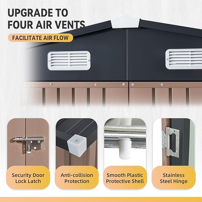 Aoxun 6x4ft Shed with Floor Heavy-Duty Galvanized Steel Outdoor Storage Shed with Double Doors, Ventilated Weatherproof Design for Bike/Generator/Tool Organization (Brown)