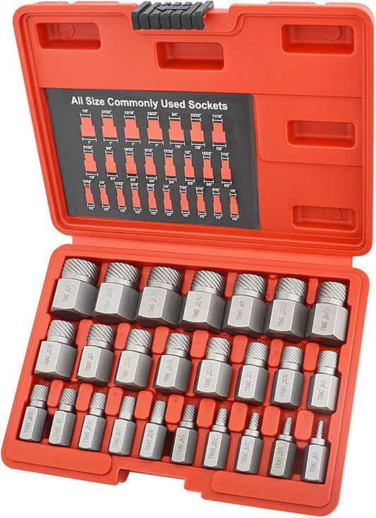 25Pcs Screw Extractor and Bolt Extractor Set, Hex Head Hand Multi-Spline Tool Remover Easy Out, Heavy Duty CR-MO Broken Bolts Screws Extraction Fastener Kit 1/8" to 7/8" in 1/32" Increments