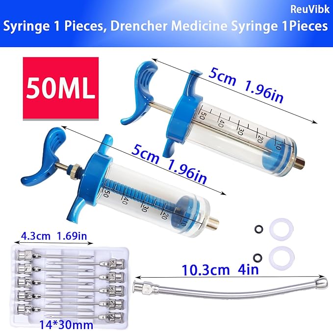 2Pcs 50ML Drencher Medicine, Reusable Adjustable Drench Gun Goat Syringe with Drench Gun Nozzle 10 Needles, for, Cattle, Sheep, Horse, Pig, Large Animal Feeding Syringe