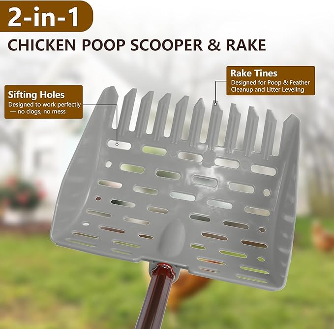 Telescopic Chicken Poop Scooper & Rake 2-in-1 Chicken Litter Scoop for Chicken Coops & Small Farm Animals Sand Sifting Litter Shovel (Gray)