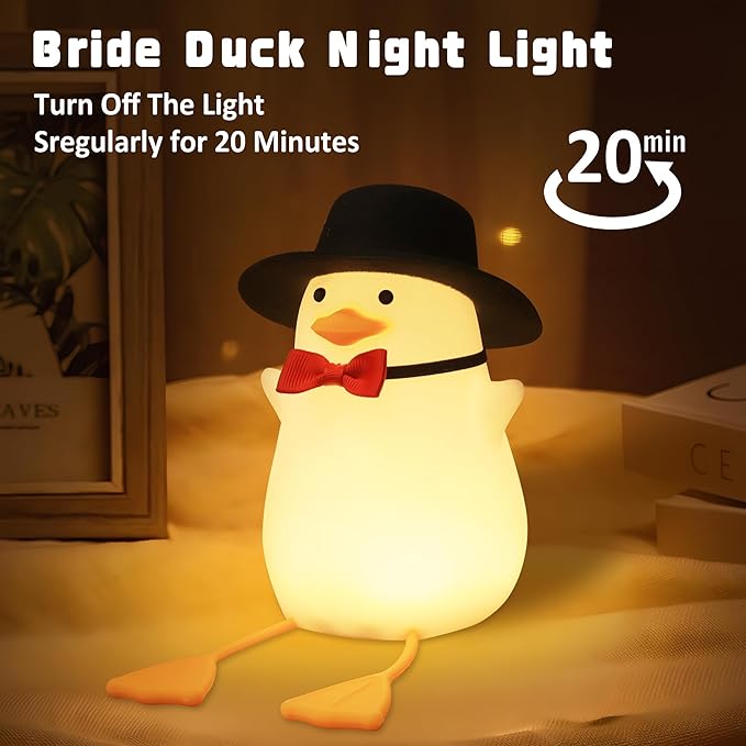 Benson Gentleman Duck Night Light - Cute Duck Lamp with Black Hat& Bow Tie, Warm Dimming Light & Timer for Room, Birthday, Xmas, Baptism Gifts for Baby Boys & Girls